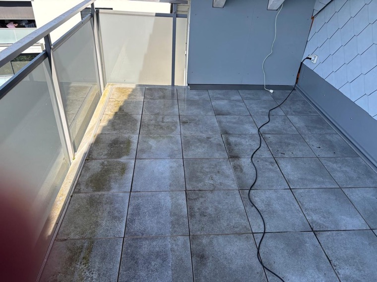 Terrassenplatten vor der Reinigung, vermoost und verschmutzt